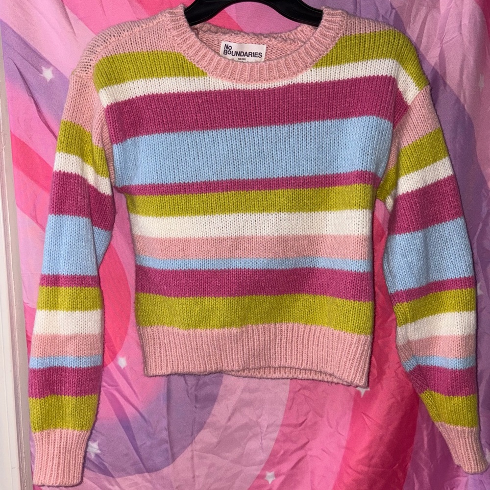 No Boundaries Women's Colorful Striped Sweater - Pink, Green, Blue